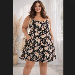 Torrid Floral Trapeze Dress 2X Black Challis Sleeveless Pockets Boho Cottage NWT